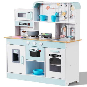Lb` ܂܂ 䏊 VEVOR Play Kitchen for Kids, Wooden Toy Kitchen Set with Lights and Sounds, Toddler Kitchen with Ice Maker, Oven, Sink, Microwaves, Fridge and Utensil and Fruit Accessory for Toddlers Ages 3-8, White ysAi