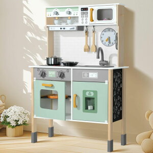 Lb` ܂܂ 䏊 Uiirvdy Play Kitchen Wooden Kids Kitchen Playset Pretending Toys for Toddlers with Real Lights & Sounds, 3 Heights Adjustable, Chalkboard, 35Pcs Toy Food & Cookware Accessories-Green ysAiz