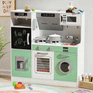 Lb` ܂܂ 䏊 BIERUM Play Kitchen with Realistic Lights & Sounds, Wooden Kitchen Playset with 28 Pcs Toy Food & Cookware Accessories, Toy Kitchen with Plenty of Play Features, Idea Gift for Boys and Girls Ages 3+ ysAiz