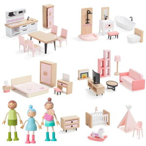 �L�b�`�� ���܂܂��� �䏊 Giant bean 36pcs Wooden Dollhouse Furniture Set with Dolls for 5 Rooms, Wood & Plastic Pink Dollhouse Accessories Pretend Play Furniture Toy Christmas Birthday Gift Toy for Kids Boys Girls Toddler 3+ �y���s�A���i