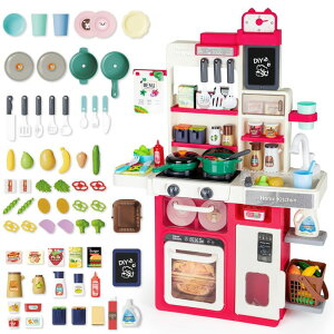Lb` ܂܂ 䏊 deAO Kids Kitchen Playset Pretend Play Kitchen Toy with Sounds, Lights, Cooking Stove & Play Sink Toy Kitchen with Accessories & Play Food for Toddlers 3+ Years Old (RED) ysAiz