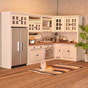 �L�b�`�� ���܂܂��� �䏊 iLAND Dollhouse Kitchen, Modern Dollhouse Furniture Set on 1/12 Scale Wooden White to Store Miniature Food �y���s�A���i�z