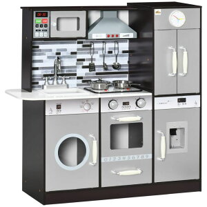 Lb` ܂܂ 䏊 Qaba Wooden Play Kitchen with Lights Sounds, Kids Kitchen Playset with Washing Machine, Water Dispenser, Microwave, Range Hood, Refrigerator, Utensils, Gift for 3-6 Years Old ysAiz