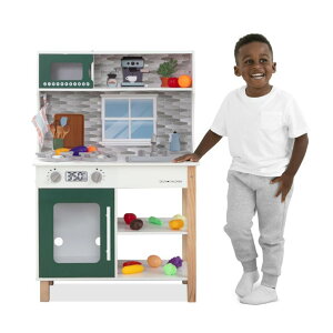 Lb` ܂܂ 䏊 Delta Children Tiny Chef Play Kitchen - Toy Kitchen Playset with Realistic Knobs That Turn/Click, Oven, Sink, Microwave and 15 Pieces of Play Food, Green ysAiz