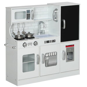 �L�b�`�� ���܂܂��� �䏊 Qaba Kids Kitchen Playset - Pretend Play Toy Kitchen with Phone, Chalkboard, Towel Rack, Ice Maker, 5 Accessories, Storage Space, Microwave & Sink - Gift for 3-8 Years, White �y���s�A���i�z