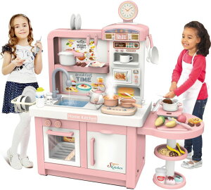 キッチン おままごと 台所 Elevon Pretend Play Kitchen Toy Set for Kids, Interactive Playset with Lights and Sounds, for Toddlers 3+ Years Old, 49 Piece Toy Accessory Set with Cooking Stove, Sink, Play Food, Realistic - Pink 【並行輸入品】