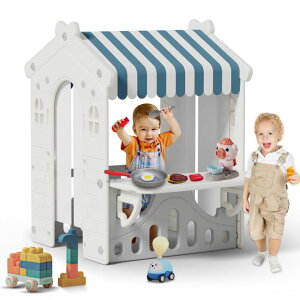 vCnEX ܂܂ q LbY BIERUM Kids Playhouse with Cute Kids Pretend Play Kitchen Toys Set, Outdoor Playhouse for Toddlers Aged 1-3, with Windows, Door Curtains and Foldable Stand and Play Platform Blue ysAiz