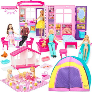vCnEX ܂܂ q LbY Style Shine Doll House Portable & Foldable Dollhouse w/ 60+ Pcs & 2 Dolls, Play House Toy with Bedroom Kitchen Pet House Camping Playset, Playhouse Birthday Gift for Girl Kid Toddler ysAiz