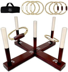 �Q�[�� �p�[�e�B �y���߂� SWOOC Games - Rustic Ring Toss Game (All Weather) - Easy Setup & Extra Games Included - Outdoor Ring Toss Game for Adults and Kids - Yard Activity For Adults - Oversized Lawn Activity - Rope Throw Set �y���s�A���i
