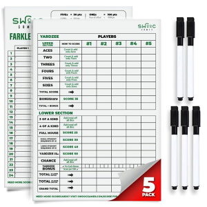 Q[ p[eB y߂ SWOOC Games - 5 Big Dry Erase Yardzee & Farkle Score Cards with 5 Markers (11.5in x 8in) | Large Laminated Reusable Pads & Pens for Giant Dice Games | Jumbo Yardzee Score Card and Farkle Score Sheets ysAi
