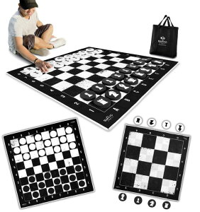 Q[ p[eB y߂ SWOOC Games - 3-in-1 Giant Chess, Checkers, & Chess Tac Toe Game with Mat (4ft x 4ft) - Machine-Washable Canvas & 5" Big Foam Discs - Giant Chess Set Outdoor & Checkers Board Game for Adults & Kids ysAiz