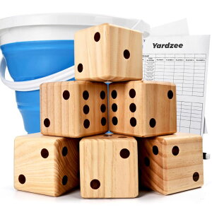 Q[ p[eB y߂ ropoda 3.5" Giant Wooden Yard Dice Set for Outdoor Fun, Barbeque, Party Events, Backyard Games, Lawn Games Includes 6 Dice, Collapsible Bucket, Score Cards & Dry Erase Marker ysAiz