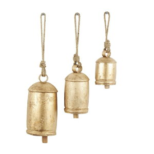 ���� �u�� �G�� �C�O Deco 79 Gold Metal Tibetan Inspired Decorative Giant XL Cow Bells with Jute Hanging Rope, Set of 3 10,8,6H - Cylindrical �y���s�A���i�z