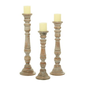 ���� �u�� �G�� �C�O Deco 79 Mango Wood Candle Holder with Turned Style, Set of 3 24, 21, 18H, Brown �y���s�A���i�z