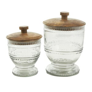 ���� �u�� �G�� �C�O Deco 79 Glass Living Room Decorative Jars Beaded Decorative Container with Wood Lids, Set of 2 Jar with Lid 8, 7H, Clear �y���s�A���i�z