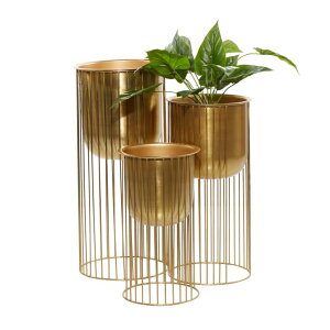 ���� �u�� �G�� �C�O Deco 79 Metal Indoor Outdoor Planter Deep Recessed Dome Large Planter Pot with Elevated Caged Stand, Set of 3 Planters 24, 20, 16H, Gold �y���s�A���i�z