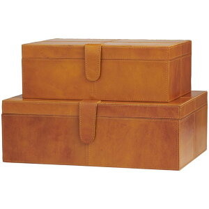 ���� �u�� �G�� �C�O Deco 79 Leather Handmade Decorative Box Storage Decorative Keepsake Boxes with Snap Front Closure and Detailed Stitching, Set of 2 Storage Boxes 17, 14W, Brown �y���s�A���i�z