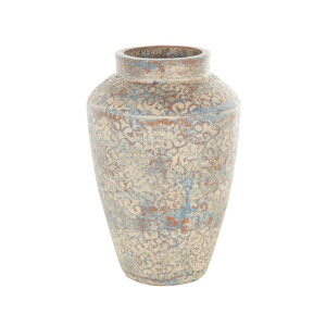 ���� �u�� �G�� �C�O Deco 79 Ceramic Scroll Decorative Vase Antique Style Centerpiece Vase with Blue and Copper Accents, Flower Vase for Home Decoration 10 x 10 x 16, Beige �y���s�A���i�z