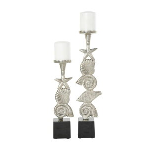 ���� �u�� �G�� �C�O Deco 79 Aluminum Metal Shell Decorative Candle Holder Candle Stand with Black Marble Bases, Set of 2 Candlestick Holder 20, 14 H, Silver �y���s�A���i�z