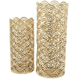 ���� �u�� �G�� �C�O Deco 79 Aluminum Metal Geometric Decorative Vase Art Deco Inspired Centerpiece Vases with Arch Designs, Set of 2 Vases for Home Decoration 32, 13 H, Gold �y���s�A���i�z