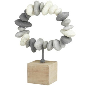 ���� �u�� �G�� �C�O Deco 79 Metal Abstract Decorative Sculpture Circular Stone Home Decor Statue with Brown Wooden Base, Accent Figurine 11 x 4 x 14, Gray �y���s�A���i�z