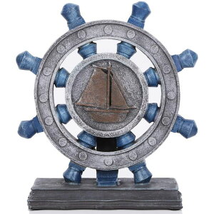 ���� �u�� �G�� �C�O H&W Resin Rudder Figurine, Nautical D?cor, Helm Model Statue Ornament for Home Garden Bar, Indoor Outdoor Tabletop Decoration, Antique Boat Anchor Mediterranean Style, Blue (HH19-D3) �y���s�A���i�z