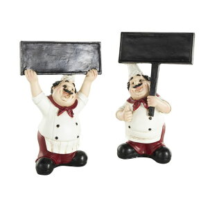 ���� �u�� �G�� �C�O Deco 79 Polystone Chef Decorative Sculpture Kitchen Decorative Figurine Home Decor Statues with Chalkboard Signs, Set of 2 Accent Figurines 5 W, 8 H, White �y���s�A���i�z