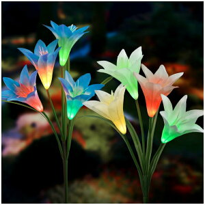 �K�[�f�����C�g LED�\�[���[���C�g ���� Solar Lights Outdoor - New Upgraded Solar Garden Lights, Multi-Color Changing Lily Solar Flower Lights for Patio,Yard Decoration, Bigger Flower and Wider Solar Panel (2 Pack,Blue and White) �y���s�A