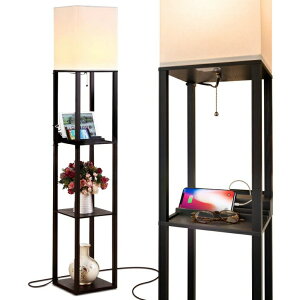 USB �`���[�W�|�[�g�t�� �t���A�����v Brightech Maxwell Charger - Shelf Floor Lamp with USB Charging Ports & Electric Outlet - Tall & Narrow Tower Nightstand for Bedroom - Modern, Asian End Table with Light Attached - Black �y���s�A���i