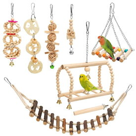 鳥用品 グッズ オウム インコ オカメインコ 十姉妹 文鳥 セキセイ 小鳥のおもちゃ 8 Packs Bird Parrot Swing Hanging Toy,Natural Wood Bell Bird Cage Toys for Parrots, Parakeets, Cockatiels, Conures, Finches,Budgie,Parrots, Love Birds, Au 【並行輸入品】