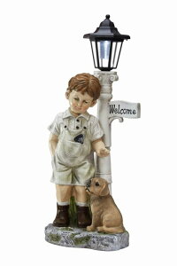 K[fCg LED\[[Cg ƏN Outdoor Boy Garden Statue with Solar LED Lights, Child with Dog Statue Welcome Sign for Home Decor, Great for Porch, Patio, Lard Art Decorations, also Dog Memorial Statue, Polyresin ysA