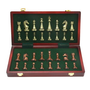 `FXZbg Large Metal Deluxe Chess Retro Copper Plated Alloy Chess Adult Set Board Game Portable Wooden Box Storage Folding Chess Set ysAiz