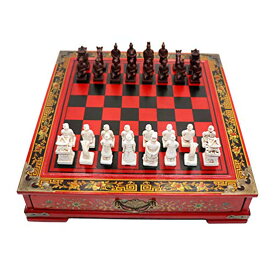 チェスセット IADUMO Classic Family Chess Board Game Retro Terracotta Warriors Chess Set Wooden Chessboard and 3D Resin Chessman Pieces for Kids and Adults (15 x 13.8 Inch) 【並行輸入品】