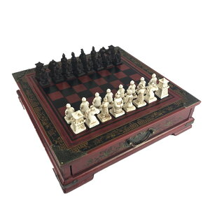 `FXZbg Ireav Retro Terracotta Warriors Chess Set for Kids and Adults Classic Family Chess Board Game with Folding Wooden Chessboard 3D Resin Chess Pieces and Storage Slots (10.23×10.23 inch) ysAiz
