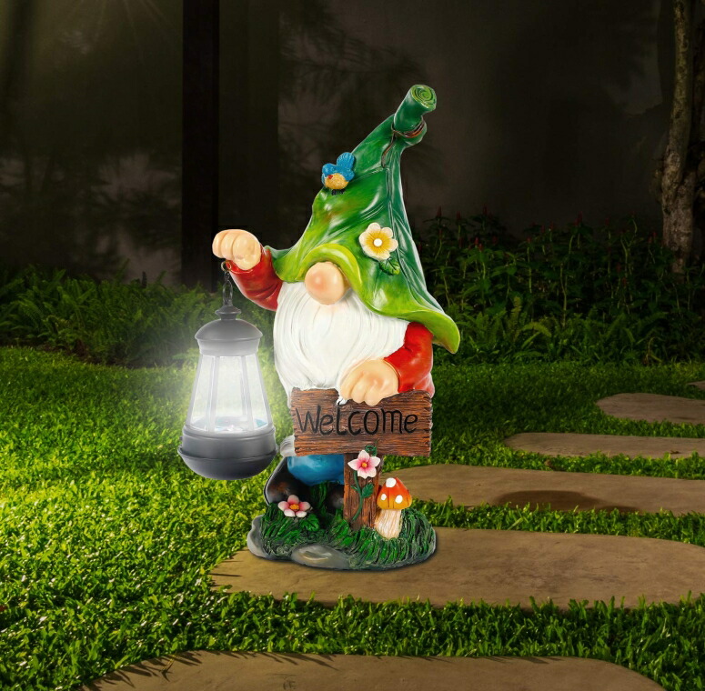 LEDソーラーライト ノーム WOGOON Garden Gnome Statue Resin Figurine with Bright Solar Lantern Lights and Welcome Sign Outdoor Solar-Powered Illumination Yard Art Decorations for Indoor Outdoor Patio Lawn Garden Room 【並行輸入品】
