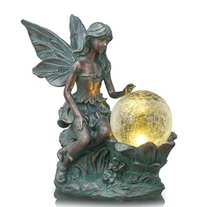 LED�\�[���[���C�g �\�[���[�p���[ �K�[�f�����C�g TERESA'S COLLECTIONS Large Fairy Garden Statues and Sculptures with Solar Powered Lights, Resin Outdoor Statue Figurines with Crackle Glass Globe, Garden Art for Patio Lawn Yard Decor �y