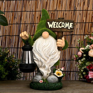 LED�\�[���[���C�g �\�[���[�p���[ �K�[�f�����C�g ASAWASA Flocked Garden Gnome Statue with Solar LED Light, Extra Large Funny Fairy Gnomes Figurines with Welcome Sign, Outdoor Fall Decorations for Yard Lawn, Tall 14.2 Inch (Welcome) �y