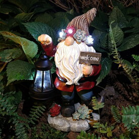 LEDソーラーライト ソーラーパワー ガーデンライト Gnome Garden Decoration with Solar Lights, Garden Sculpture Yard Statue with Sign Decor with Lighted Succulent and Lantern for Outdoor Patio 13inch 【並行輸入品】