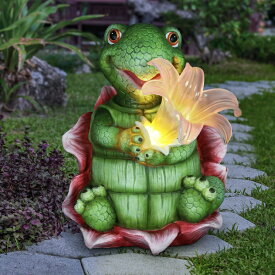 LEDソーラーライト ソーラーパワー ガーデンライト カエル Exhart Solar Turtle Garden Statue w/LED Lily Flower ? Solar Turtle for Outdoors Flower Art? Weather Resistant & UV-Treated Resin Outdoor Turtle Statue for Garden Decor - 7.5" L 【並行輸入品】