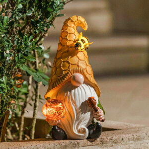 LED\[[Cg \[[p[ K[fCg m[ Garden Gnome Statue - Resin Summer Bee Gnome Figurine Holding Honey Jar with Solar LED Lights, Outdoor Summer Decoration for Patio Yard Lawn Porch, Ornament ysAi