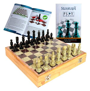 `FXZbg StonKraft - 10" X 10" Chess Board with Wooden Base & Stone Inlaid & Stone Pieces Game Set ysAiz