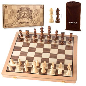 `FXZbg AMEROUS Magnetic Wooden Chess Set, 15 Inches Handmade Wooden Folding Travel Chess Board Game Sets with Chessmen Storage Slots for Kids and Adults, 2 Bonus Extra Queens, Gift Box Packed ysAiz