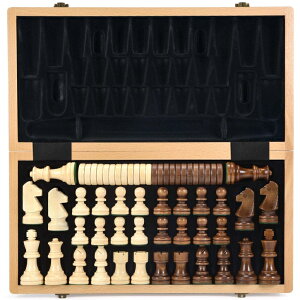 `FXZbg AMEROUS 15 Inches Wooden Chess & Checkers Set with Upgraded Weighted Chess Pieces - 2 Extra Queen -24 Cherkers Pieces -Folding Board -Instruction -Chessmen Storage Slots, Classic 2 in 1 Board Games ysAiz