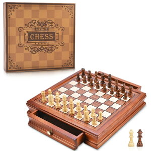 `FXZbg AMEROUS 12.8'' Magnetic Wooden Chess Set / 2 Built-in Storage Drawers / 2 Extra Queen / Gift Package / Chess Rules / Classics Strategy Board Games Chess Sets for Kids and Adults ysAiz