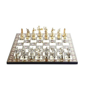 �`�F�X�Z�b�g Historical Roman Figures Metal Chess Set for Adults, Handmade Pieces and Mosaic Design Wooden Chess Board King 2.8 inc �y���s�A���i�z