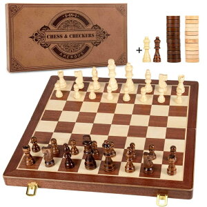 `FXZbg AMEROUS 15 Inches Magnetic Wooden Chess & Checkers Set (2 in 1) - Folding Board -Gift Box Packed -24 Cherkers Pieces -2 Extra Queens - Chessmen Storage Slots, Beginner Chess Set for Kids and Adults ysAiz