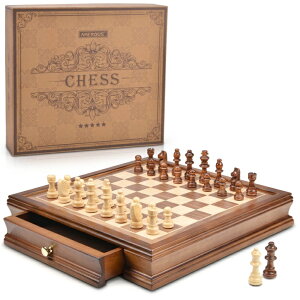 `FXZbg AMEROUS 12.8" x 12.8" Magnetic Wooden Chess Set with 2 Built-in Storage Drawers - 2 Bonus Extra Queens - Gift Packaging - Staunton Chess Pieces, Board Games Chess Sets for Adults and Kids ysAiz