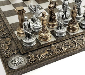 �`�F�X�Z�b�g Greek Mythology Olympus Gods Zeus vs Poseidon Pewter and Bronze Color Chess Set with 17" Greek Board �y���s�A���i�z