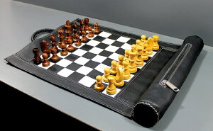 `FXZbg StonKraft - 19" x 15" (Playing area 12" x 12") Genuine Roll-Up Leather Chess Set - with Wooden Chess Pieces - Black Colour | Comes with Innovative Carry Pouch ysAiz