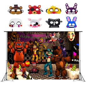 FNAF 5ナイツ Backdrop Birthday Party Decorations Photo Background, Five Nights Freddy 8 Pcs Cosplay Masks, Party Supplies for Kids 【並行輸入品】